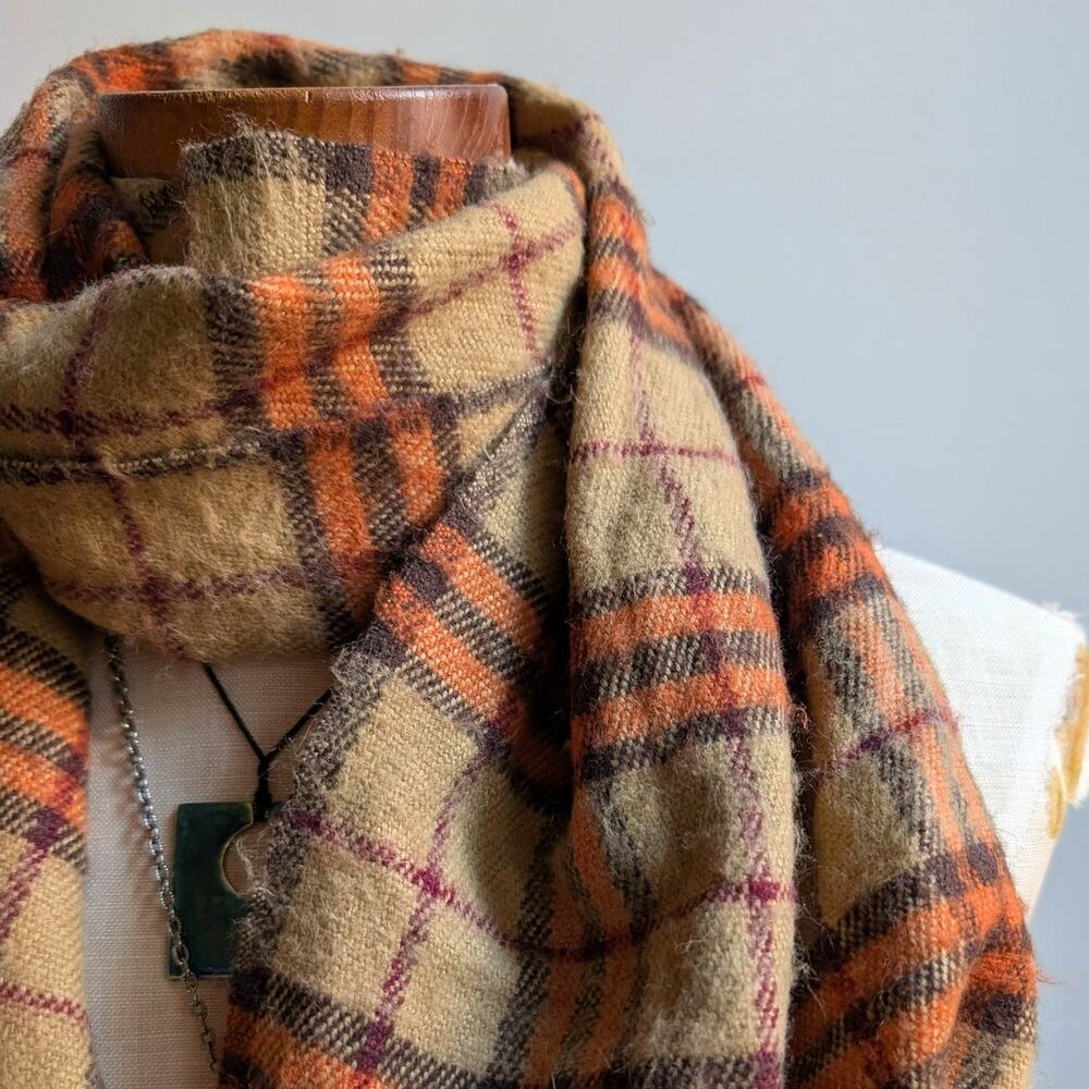 Vintage Orange Plaid Grunge Scarf Cashmere Western 70s Fringe Grunge Knit Wrap - Picture 6 of 6